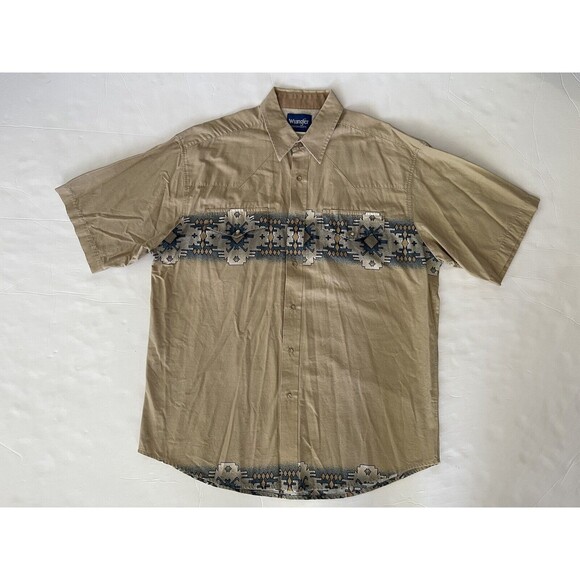 Vintage Wrangler Men's XL Beige Short Sleeve Pearl Snap Aztec Southwest Shirt - Picture 9 of 9